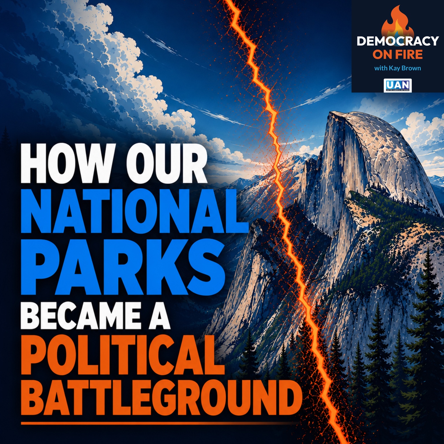 Democracy on Fire editorial artwork: national parks as a political battleground.