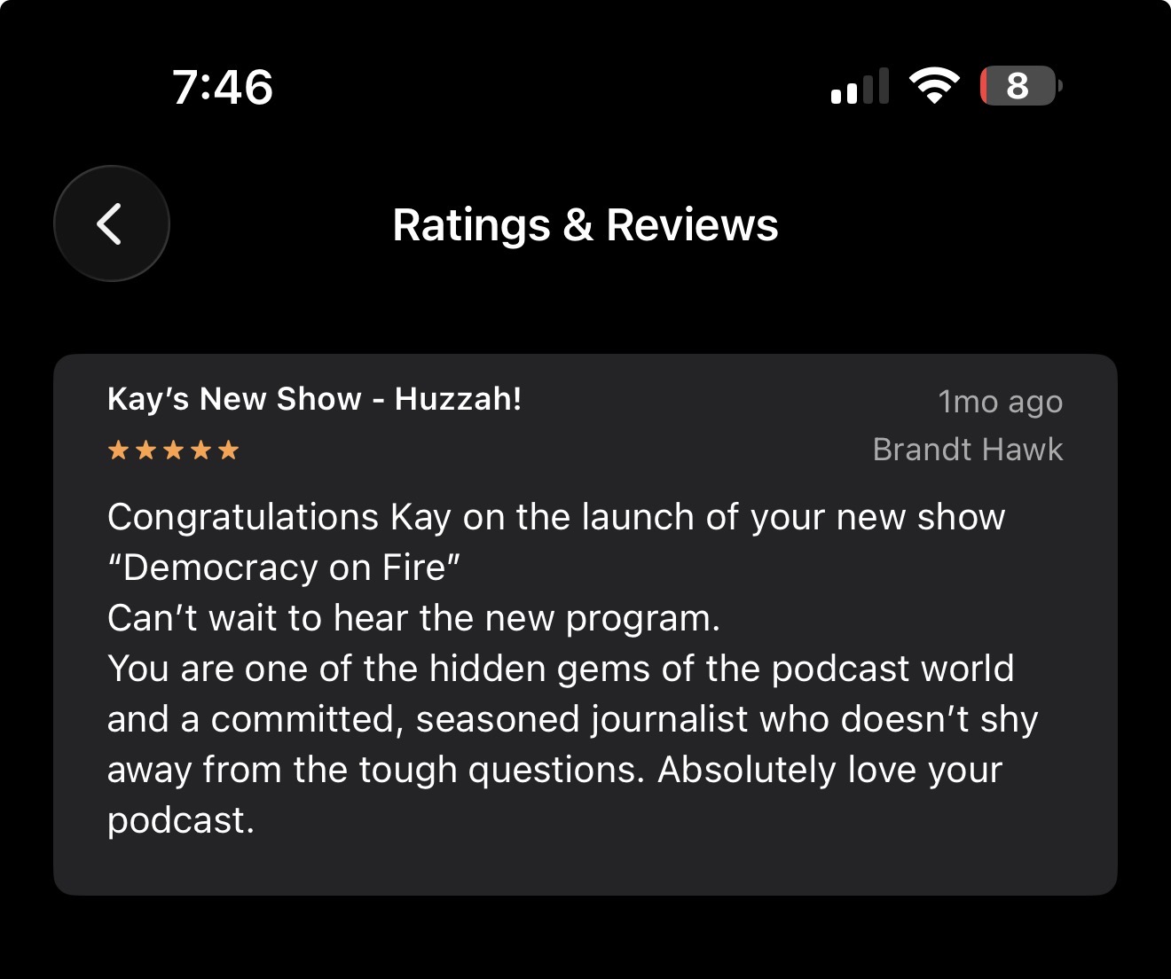 A five-star listener response to a UAN program.
